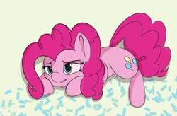 Size: 800x526 | Tagged: safe, artist:treekickerdraws, pinkie pie, earth pony, pony, g4, confetti, female, lidded eyes, mare, morning ponies, open mouth, prone, solo, tired