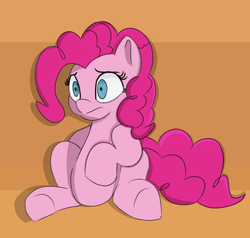 Size: 800x760 | Tagged: safe, artist:treekickerdraws, pinkie pie, earth pony, pony, g4, :|, abstract background, chubby, female, mare, shrunken pupils, sitting, solo