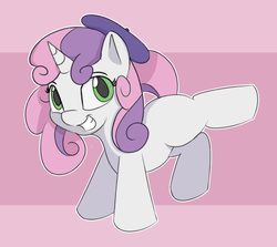 Size: 800x713 | Tagged: safe, artist:treekickerdraws, sweetie belle, pony, unicorn, g4, abstract background, beret, female, filly, hat, raised leg, smiling, solo