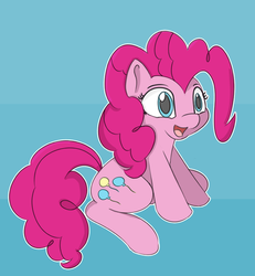 Size: 800x864 | Tagged: safe, artist:treekickerdraws, pinkie pie, earth pony, pony, g4, abstract background, female, mare, open mouth, sitting, smiling, solo