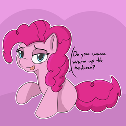 Size: 1280x1280 | Tagged: safe, artist:treekickerdraws, pinkie pie, earth pony, pony, g4, female, looking at you, mare, question, sitting, smiling, solo, talking to viewer, tongue out
