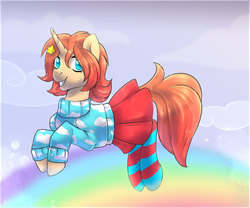 Size: 3000x2500 | Tagged: safe, artist:tigra0118, oc, oc only, pony, unicorn, art prize, clothes, cute, female, high res, mare, pleated skirt, skirt, smiling, socks, solo, striped socks, sweater, traditional art