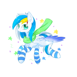 Size: 1600x1600 | Tagged: artist needed, safe, oc, oc only, oc:bender drede, pegasus, pony, clothes, colored wings, cute, female, flying, glowing eyes, scarf, simple background, socks, solo, stars, stockings, striped socks, thigh highs, white background, wings