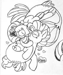 Size: 1024x1215 | Tagged: safe, artist:sandwichbuns, pinkie pie, princess skystar, earth pony, seapony (g4), g4, my little pony: the movie, blue eyes, bubble, dorsal fin, eyes closed, female, fin, fin wings, fins, fish tail, flower, flower in hair, flowing mane, flowing tail, freckles, holding hooves, jewelry, lesbian, looking at each other, looking at someone, monochrome, necklace, nuzzling, ocean, pearl necklace, scales, seaponified, seapony pinkie pie, seaquestria, ship:skypie, shipping, simple background, smiling, species swap, swimming, tail, traditional art, underwater, water, wings
