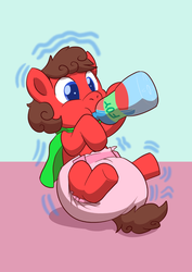 Size: 883x1248 | Tagged: safe, artist:artiecanvas, oc, oc only, oc:mglitch, pony, age regression, baby, baby bottle, baby pony, diaper, foal, fountain of youth, poofy diaper, solo
