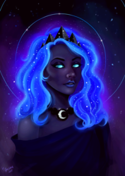 Size: 1024x1450 | Tagged: safe, artist:das_leben, princess luna, human, g4, bust, clothes, crown, ethereal hair, female, humanized, nimbus, off shoulder, open mouth, peytral, portrait, realistic, regalia, solo, starry hair