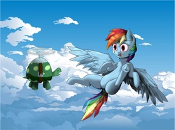 Size: 3285x2453 | Tagged: safe, rainbow dash, tank, pegasus, pony, g4, cloud, flying, high res, pet, sky, spread wings, wallpaper, wings