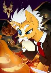 Size: 1768x2500 | Tagged: safe, artist:arctic-fox, sunburst, oc, oc:sunstrider, pony, g4, halloween, holiday, male, night, pumpkin, stallion