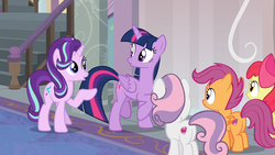 Size: 1280x720 | Tagged: safe, screencap, apple bloom, scootaloo, starlight glimmer, sweetie belle, twilight sparkle, alicorn, earth pony, pegasus, pony, unicorn, g4, marks for effort, cutie mark crusaders, duckface, female, filly, lifted leg, looking at each other, mare, pose, raised hoof, school of friendship, twilight sparkle (alicorn)
