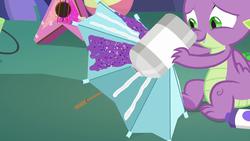 Size: 1280x720 | Tagged: safe, screencap, spike, dragon, g4, my little pony best gift ever, claws, glitter, glue, umbrella, winged spike, wings