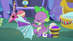 Size: 1280x720 | Tagged: safe, screencap, spike, dragon, g4, my little pony best gift ever, glitter, umbrella, winged spike, wings