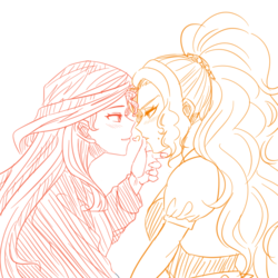 Size: 1000x1000 | Tagged: safe, artist:raika0306, adagio dazzle, sunset shimmer, equestria girls, g4, blushing, female, heart, holding head, lesbian, looking at each other, partial color, ship:sunsagio, shipping, sketch