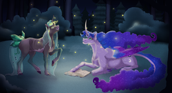 Size: 1290x698 | Tagged: safe, artist:bijutsuyoukai, oc, oc only, oc:cassiopeia aurora, oc:cicada lullaby, alicorn, pony, alicorn oc, book, commission, female, magical lesbian spawn, mare, next generation, night, offspring, parent:princess luna, parent:queen chrysalis, parent:starlight glimmer, parent:twilight sparkle, parents:glimmerlis, parents:twiluna, prone