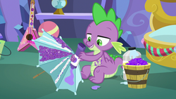 Size: 1280x720 | Tagged: safe, screencap, spike, dragon, g4, my little pony best gift ever, glitter, glue, umbrella, winged spike, wings