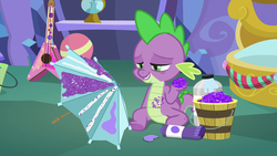 Size: 1280x720 | Tagged: safe, screencap, spike, dragon, g4, my little pony best gift ever, glitter, glue, umbrella, winged spike, wings