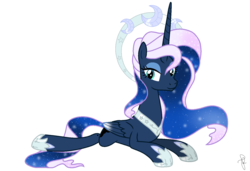 Size: 1590x1090 | Tagged: safe, artist:ilaria122, princess luna, alicorn, pony, g4, ethereal mane, eyeshadow, halo, jewelry, makeup, queen luna, regalia, simple background, smiling, starry mane, transparent background, ultimate luna