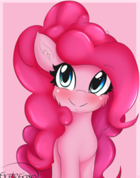 Size: 1198x1521 | Tagged: safe, artist:freefraq, pinkie pie, earth pony, pony, g4, blushing, cheek fluff, cute, diapinkes, ear fluff, female, pink background, simple background, smiling, solo