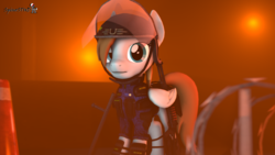 Size: 1920x1080 | Tagged: safe, artist:spinostud, oc, oc only, pegasus, pony, fallout equestria, 3d, barbed wire, clothes, female, helmet, jumpsuit, looking at you, mare, security, security armor, security guard, source filmmaker, uniform, vault security armor, vault suit