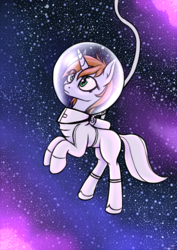 Size: 2894x4093 | Tagged: safe, artist:koshakevich, oc, oc only, oc:littlepip, pony, unicorn, fallout equestria, astronaut, fanfic, fanfic art, female, hooves, horn, mare, solo, space, spacesuit, stars