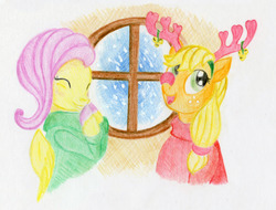 Size: 1280x971 | Tagged: safe, artist:maximanxd, applejack, fluttershy, pony, appleshybomb, g4, christmas, clothes, female, holiday, lesbian, ship:appleshy, shipping, simple background, sweater