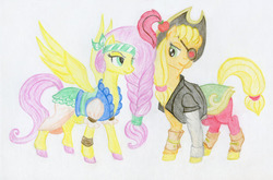 Size: 1280x843 | Tagged: safe, artist:maximanxd, applejack, fluttershy, pony, appleshybomb, g4, my little pony: the movie, eyepatch, female, lesbian, looking at each other, pirate, ship:appleshy, shipping, simple background