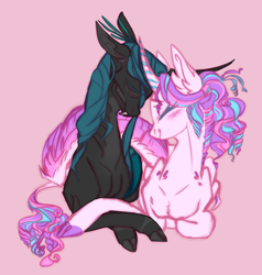 Size: 869x914 | Tagged: safe, artist:eqq_scremble, derpibooru exclusive, princess flurry heart, queen chrysalis, alicorn, changeling, changeling queen, classical unicorn, pony, unicorn, eqqverse, g4, adopted offspring, alternate design, blush lines, cloven hooves, cuddling, daughter, female, headcanon, horn, leonine tail, mare, mommy chrissy, mother, mother and daughter, next generation, nuzzling, older, older flurry heart, simple background, smiling, unshorn fetlocks