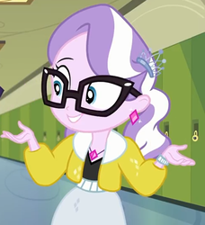 Size: 737x809 | Tagged: safe, screencap, diamond tiara, best trends forever, best trends forever: twilight sparkle, equestria girls, g4, my little pony equestria girls: better together, adorkable, barrette, canterlot high, clothes, cropped, cute, diamondbetes, dork, female, glasses, grin, hallway, jacket, jewelry, lockers, necklace, raised eyebrow, smiling, solo focus