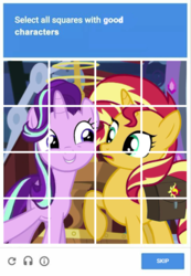 Size: 480x694 | Tagged: safe, edit, edited screencap, screencap, starlight glimmer, sunset shimmer, pony, unicorn, equestria girls, equestria girls specials, g4, my little pony equestria girls: mirror magic, captcha, cute, drama, duo, eye contact, female, frown, glimmerbetes, grin, looking at each other, mare, open mouth, raised hoof, recaptcha, saddle bag, smiling, starlight drama, sunset vs starlight debate