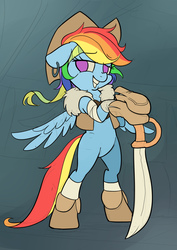 Size: 2894x4093 | Tagged: safe, artist:yunlongchen, rainbow dash, pegasus, pony, g4, bipedal, boots, ear piercing, earring, female, grin, hat, jewelry, looking at you, mare, piercing, pirate, pirate hat, shoes, smiling, sword, weapon