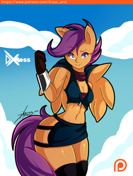 Size: 1200x1600 | Tagged: safe, artist:d-xross, scootaloo, anthro, g4, abs, belly button, bracelet, clothes, cloud, female, gloves, jewelry, large butt, mare, midriff, miniskirt, muscles, older, patreon, patreon logo, scootabutt, short shirt, skirt, skirtaloo, socks, solo, strongaloo, tail, thigh highs, thighs, wide hips, wings, zettai ryouiki, zipper
