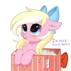 Size: 3000x3000 | Tagged: safe, artist:pesty_skillengton, oc, oc only, oc:bay breeze, pegasus, pony, blushing, bow, box, chest fluff, cute, ear fluff, female, hair bow, heart eyes, high res, looking up, mare, ocbetes, pesty's little gift, pony in a box, present, simple background, solo, tail bow, text, weapons-grade cute, white background, wingding eyes, ych result