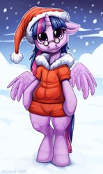 Size: 1600x2700 | Tagged: safe, artist:hattiezazu, twilight sparkle, alicorn, semi-anthro, g4, arm hooves, christmas, clothes, female, floppy ears, hat, holiday, jacket, looking at you, santa hat, snow, solo, standing, twilight sparkle (alicorn), winter, winter jacket