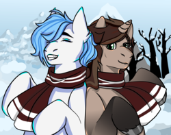 Size: 2600x2050 | Tagged: safe, artist:storrrk, oc, oc only, earth pony, pony, unicorn, clothes, digital art, duo, eyes closed, female, hair over one eye, high res, mare, scarf, signature, smiling, snow, tree, winter, ych result