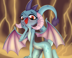 Size: 2000x1620 | Tagged: safe, artist:rockset, princess ember, dragon, g4, dragoness, female, looking at you, open mouth, solo, wings