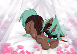 Size: 3465x2454 | Tagged: oc name needed, safe, artist:rioshi, artist:sparkling_light, artist:starshade, oc, oc only, pony, :p, ass up, bed, blue tongue, butt, digital art, donut, flower, food, freckles, high res, horn, horn freckles, looking at you, plot, signature, silly, solo, sprinkles, tongue out, ych result