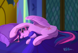 Size: 2190x1495 | Tagged: safe, artist:wildviolet-m, twilight sparkle, alicorn, pony, g4, armpits, bed, bedsheets, cute, female, looking at you, mare, morning ponies, one eye closed, pillow, sleepy, solo, twiabetes, twilight sparkle (alicorn), twilight's castle, underhoof