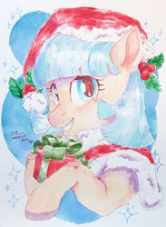 Size: 1920x2630 | Tagged: safe, artist:laps-sp, coco pommel, earth pony, pony, g4, christmas, cocobetes, cute, female, hat, holiday, mare, present, santa hat, smiling, solo, traditional art