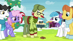 Size: 1280x720 | Tagged: safe, screencap, flam, lightning bolt, mercury, rainbowshine, starry eyes (g4), warm front, white lightning, pegasus, pony, unicorn, g4, my little pony best gift ever, clothes, fake moustache, male, scarf, stallion, winter outfit