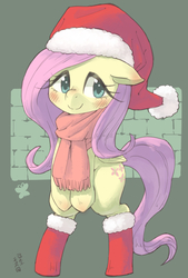 Size: 1000x1480 | Tagged: safe, artist:yanamosuda, fluttershy, pony, g4, bipedal, blushing, christmas, clothes, costume, cute, female, hat, holiday, looking at you, mare, santa costume, santa hat, scarf, shyabetes, solo