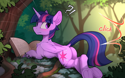 Size: 2320x1455 | Tagged: safe, artist:yakovlev-vad, twilight sparkle, alicorn, pony, adorasexy, blushing, book, butt, camera flashes, chest fluff, cute, dock, ear fluff, exclamation point, female, forest, frog (hoof), frown, interrobang, looking back, mare, nature, observer, offscreen character, paparazzi, pentagram, plot, prone, question mark, reading, rear view, scenery, sexy, shoulder fluff, slim, solo, startled, surprised, tree, twiabetes, twibutt, twilight sparkle (alicorn), underhoof, voyeur, voyeurism, wide eyes