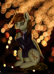 Size: 524x720 | Tagged: safe, artist:amywhooves, oc, oc only, bat pony, pegasus, pony, apple, bat pony oc, clothes, commission, eating, food, fruit, herbivore, lights, looking at you, male, paint tool sai, sitting, solo, suit