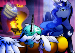 Size: 3507x2480 | Tagged: safe, artist:dormin-dim, princess celestia, princess luna, alicorn, pony, g4, bucket, commission, drool, duo, female, fireplace, glowing horn, high res, horn, luna is not amused, magic, mare, open mouth, royal sisters, sleeping, snoring, telekinesis, this will end in tears and/or a journey to the moon, this will not end well, unamused