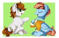 Size: 2600x1675 | Tagged: safe, artist:pridark, windy whistles, oc, oc:tranquil shade, earth pony, pegasus, pony, g4, blush sticker, blushing, chest fluff, clothes, commission, eyes closed, female