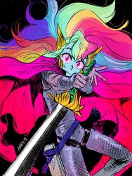 Size: 1536x2048 | Tagged: safe, artist:nounoo, rainbow dash, equestria girls, g4, clothes, cosplay, costume, crossover, female, knight, looking at you, she-ra, she-ra and the princesses of power, solo, sword, weapon