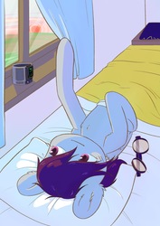 Size: 1414x2000 | Tagged: artist needed, safe, oc, oc:grey sky, pegasus, pony, bed, bedroom, goggles, pipbuck, sunrise