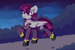 Size: 700x466 | Tagged: artist needed, safe, oc, oc only, oc:grey sky, pegasus, pony, clothes, cute, flight suit, night, shadowbolts, solo, strolling, walking