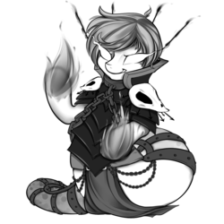 Size: 1024x1024 | Tagged: safe, artist:omgproductions, oc, oc only, lamia, original species, buck legacy, black and white, card art, chains, fire, grayscale, grin, male, monochrome, pyromancer, pyromancy, simple background, skull, smiling, solo, transparent background