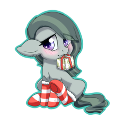 Size: 688x688 | Tagged: safe, artist:tokokami, marble pie, earth pony, pony, g4, blushing, christmas, christmas gift, clothes, cute, eye clipping through hair, female, floppy ears, holiday, marblebetes, mare, mouth hold, present, simple background, socks, solo, stockings, striped socks, thigh highs, transparent background