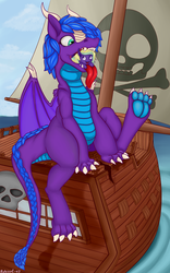 Size: 5000x8000 | Tagged: safe, artist:rubiont, oc, oc only, oc:sapphire, oc:soothing aqua, dracony, dragon, hybrid, pony, absurd resolution, fetish, ocean, oral vore, pirate, pirate ship, ship, size difference, tongue out, vore