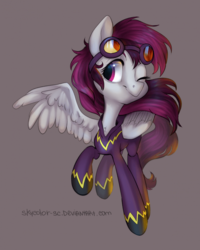 Size: 700x874 | Tagged: safe, artist:skycolor-sc, oc, oc only, oc:grey sky, pegasus, pony, goggles, shadowbolts, solo